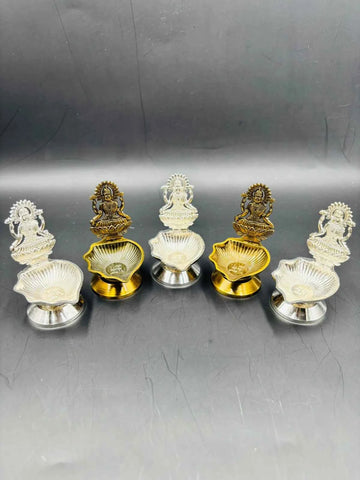 Decorative German Silver Diya with Goddess Lakshmi Design for Temple & Festive Use