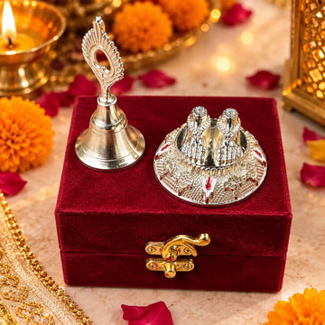 German Silver Laxmi Charan and Bell Pooja Set with Velvet Gift Box