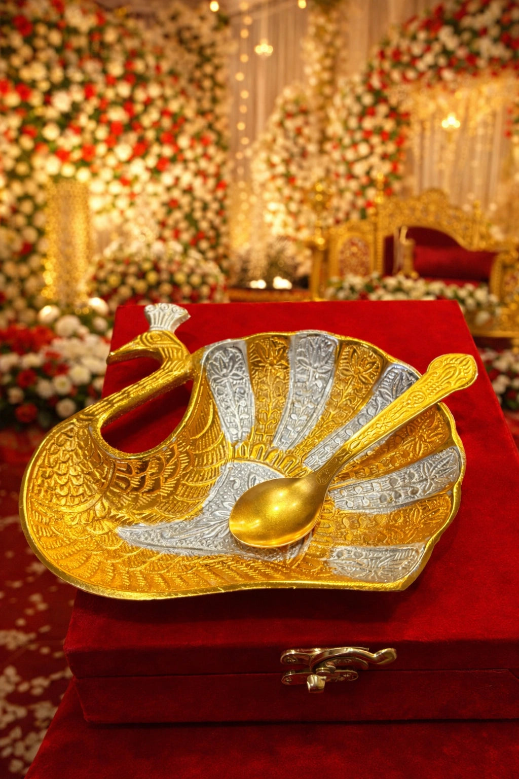 Designer German silver peacock pooja plate with spoon for tilak and rituals