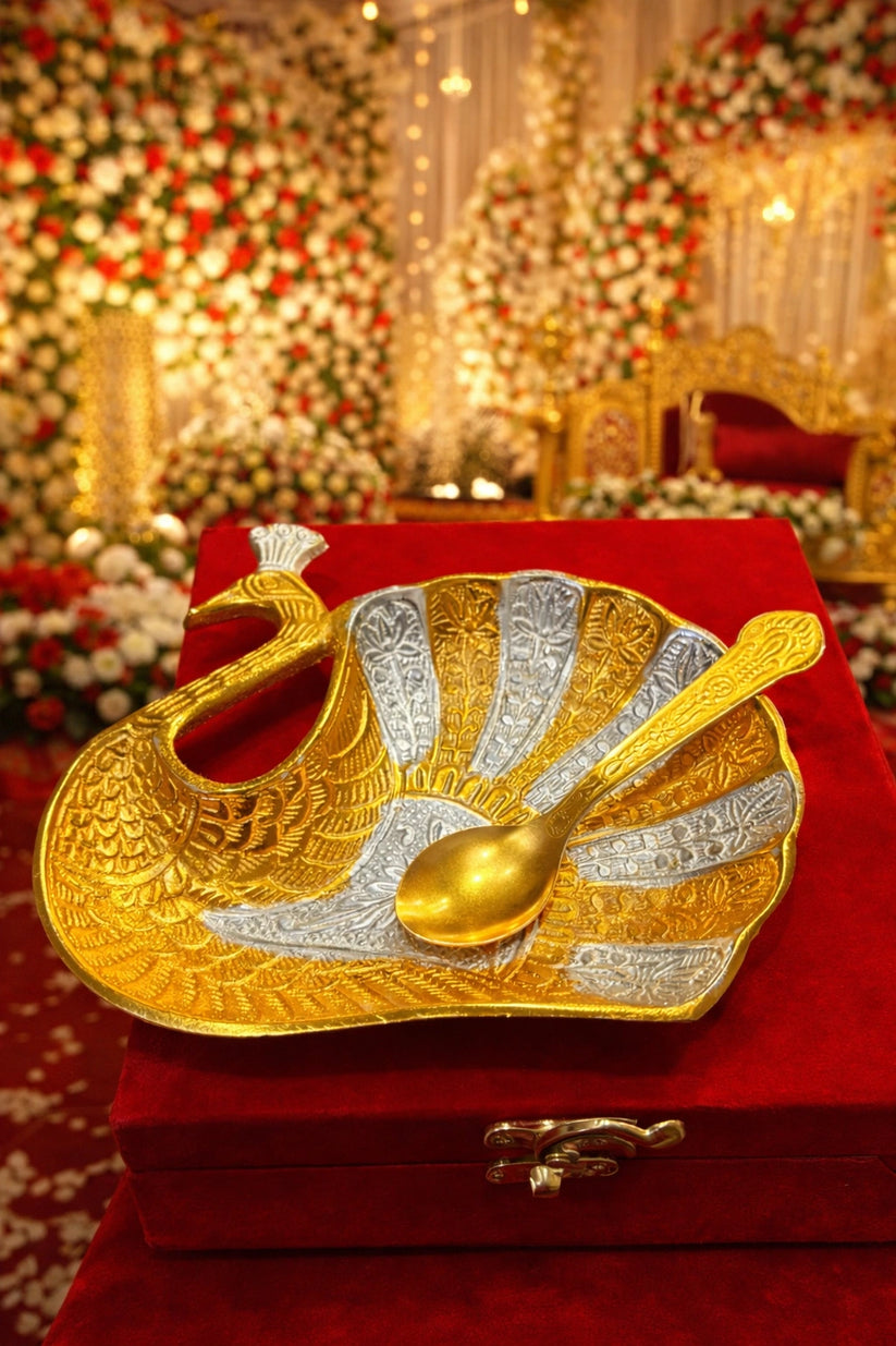 Designer German silver peacock pooja plate with spoon for tilak and rituals