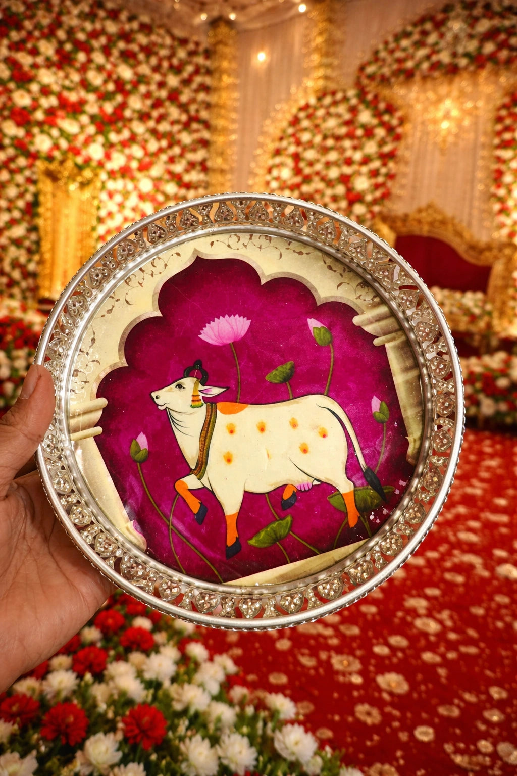 German silver Pichwai cow design wedding hamper basket for gifting