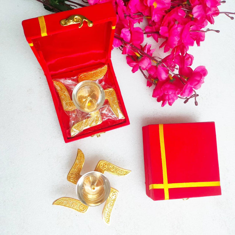German silver puja bowl with swastik base packed in red velvet box for pooja, diwali gifting and wedding return gifts