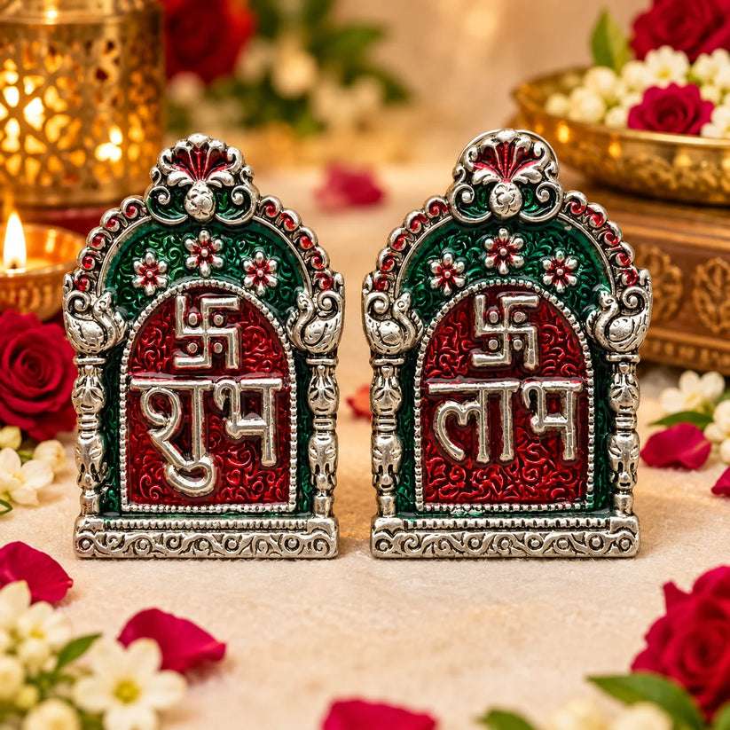 German Silver Shubh Labh hanging pair with Swastik for Diwali, pooja room and home entrance decoration