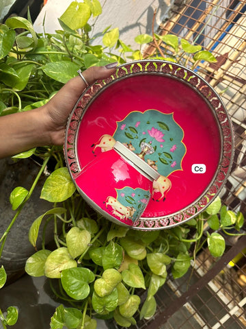 German silver pooja tray with matching jar for festive and religious use