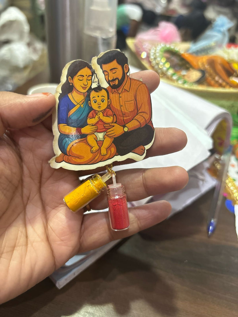 Traditional Godh Bharai baby shower family cutout with haldi kumkum favour for Indian ceremonies