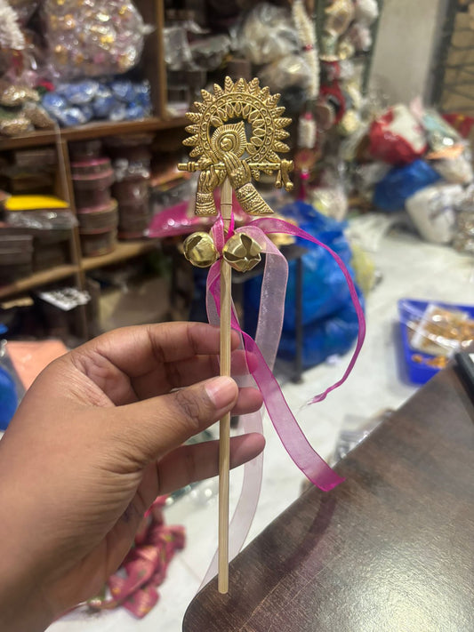 Golden Krishna Bansuri handheld wooden phera stick used in Hindu wedding ceremony decor