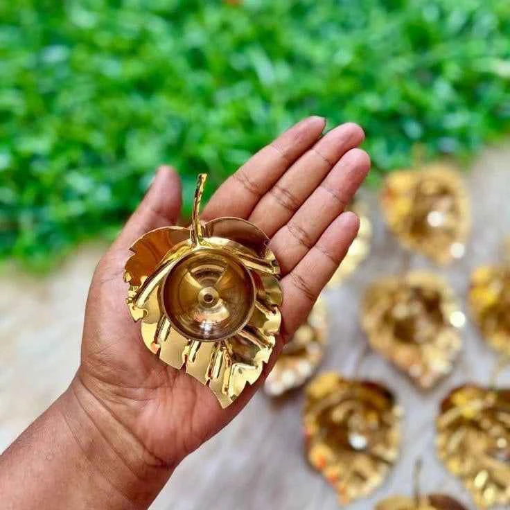 Decorative Golden Leaf Brass Diya for Spiritual Home Decor