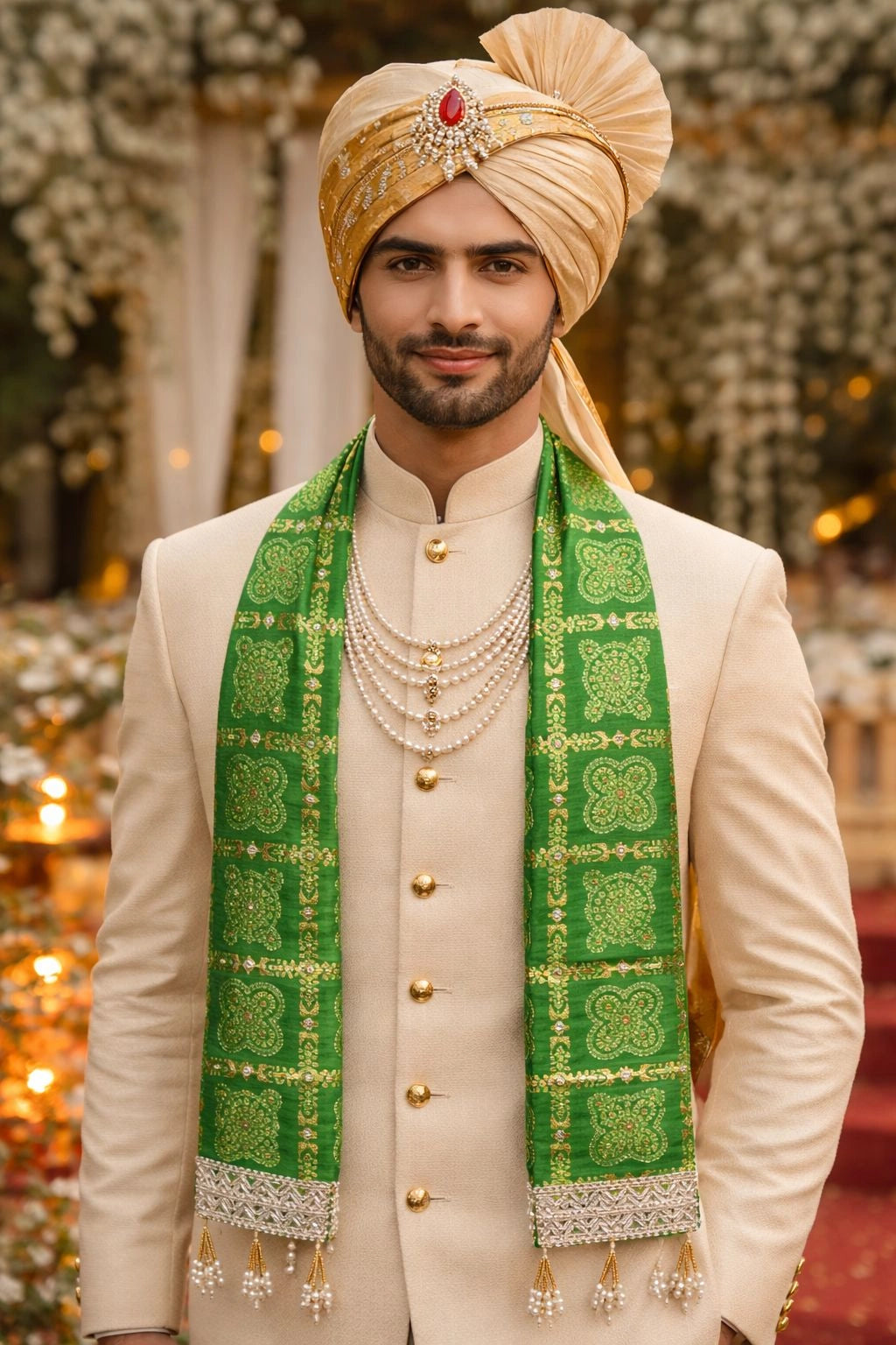 Rajasthani Green Bandhej Wedding Welcome Patka with Silver Border - Chaukhat Hampers