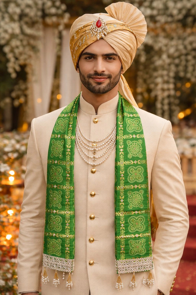 Rajasthani Green Bandhej Wedding Welcome Patka with Silver Border - Chaukhat Hampers