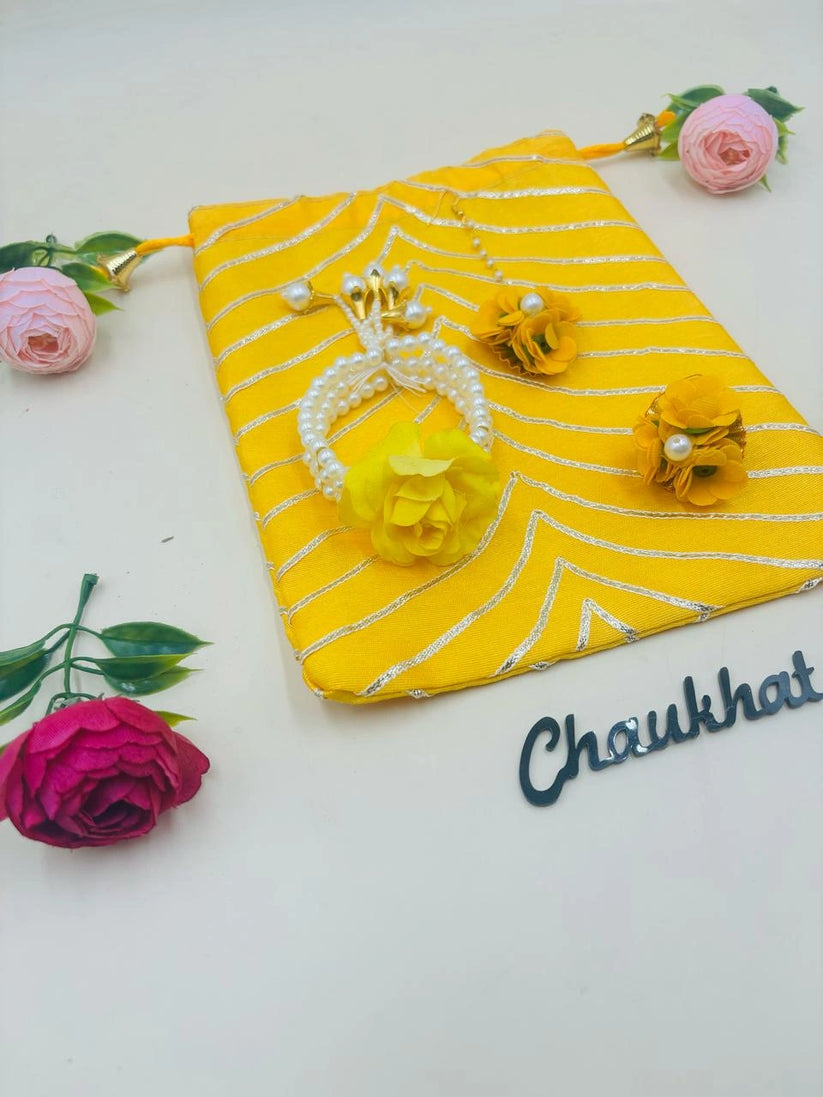 Haldi hamper jewelry set including ring mangtika and bracelet for bridal haldi ceremony