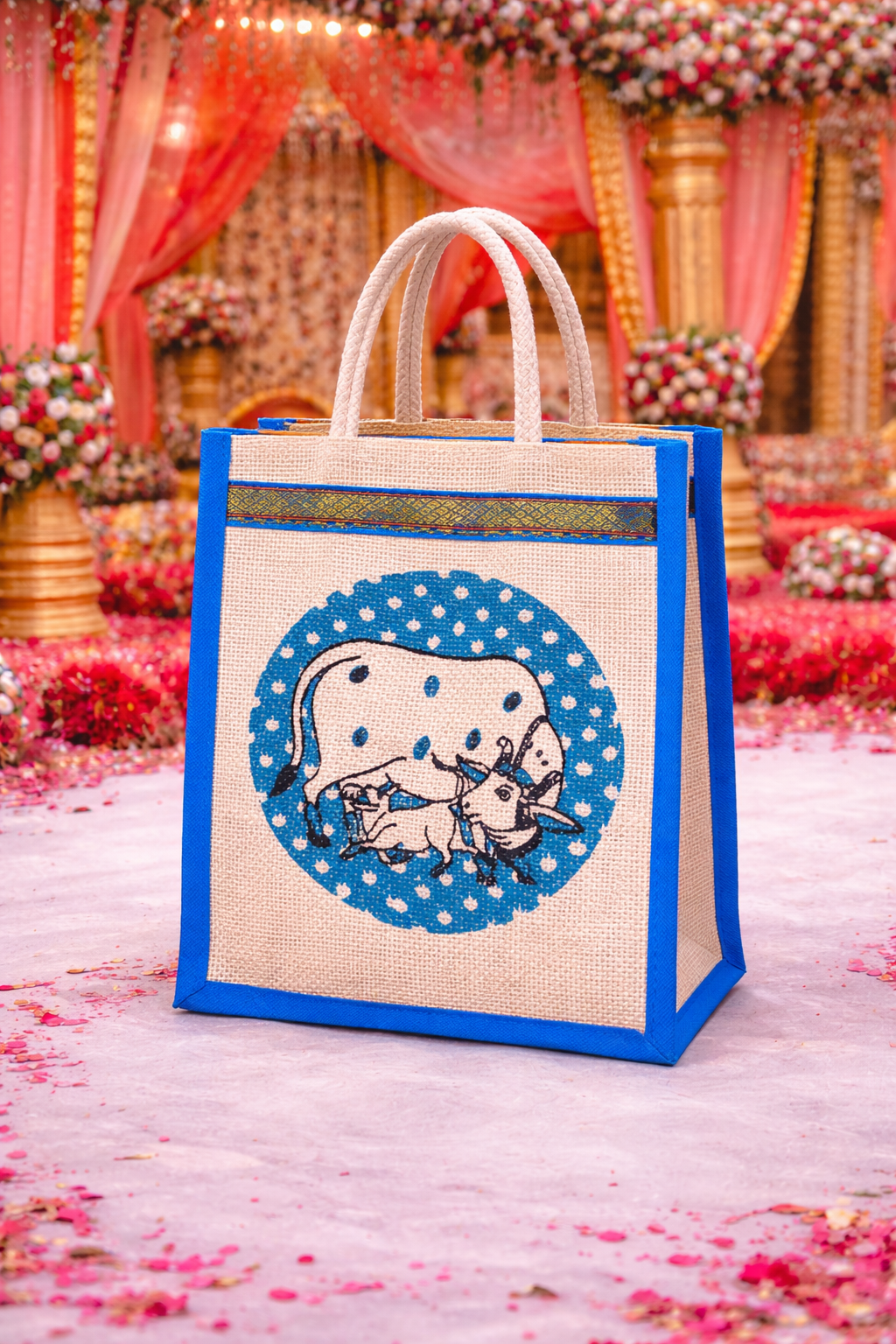 Handcrafted Pichwai theme jute bag with traditional Indian artwork, perfect for wedding favors and festive gifting