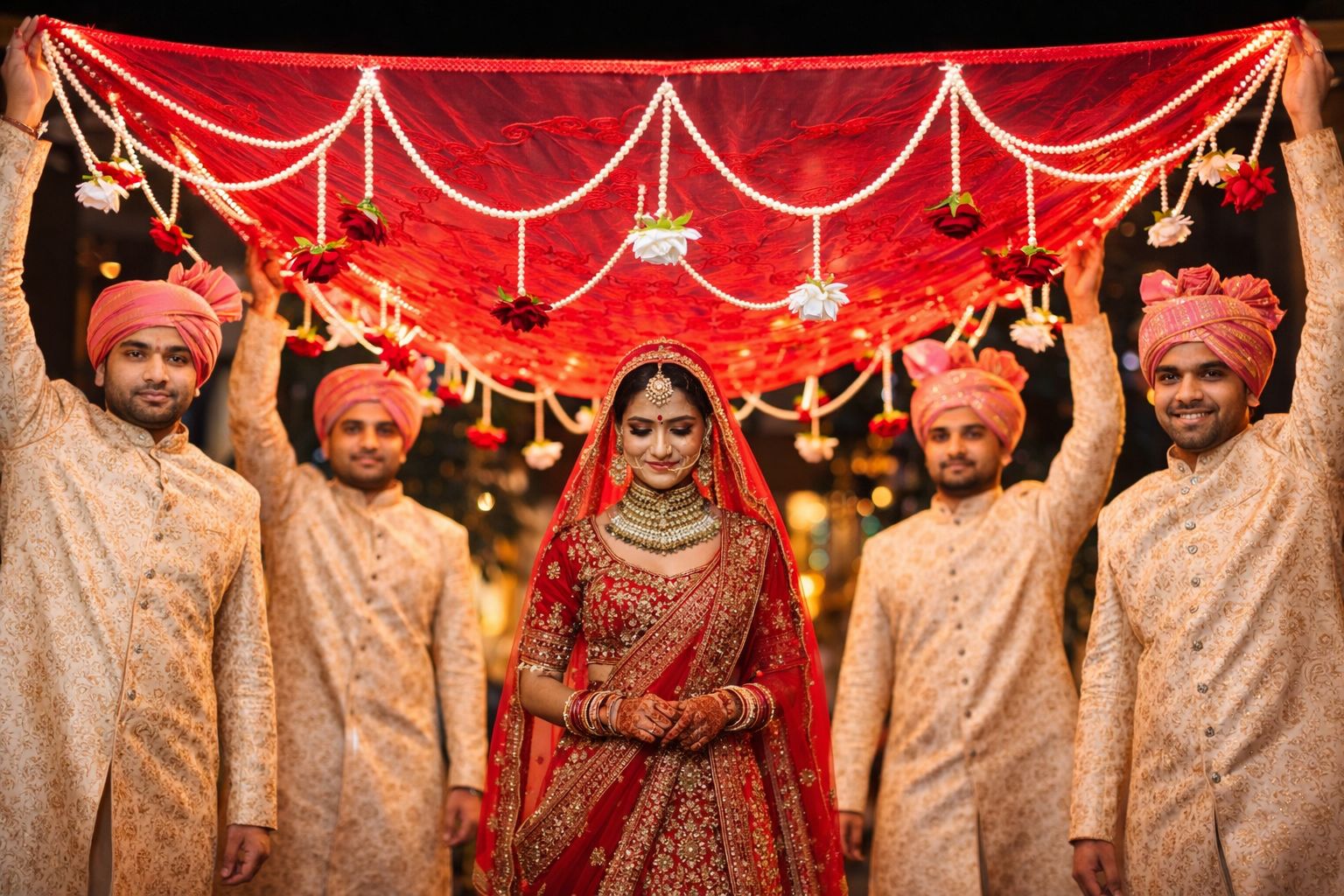 handcrafted bridal entry chadar in red net with elegant pearl design for wedding ceremony