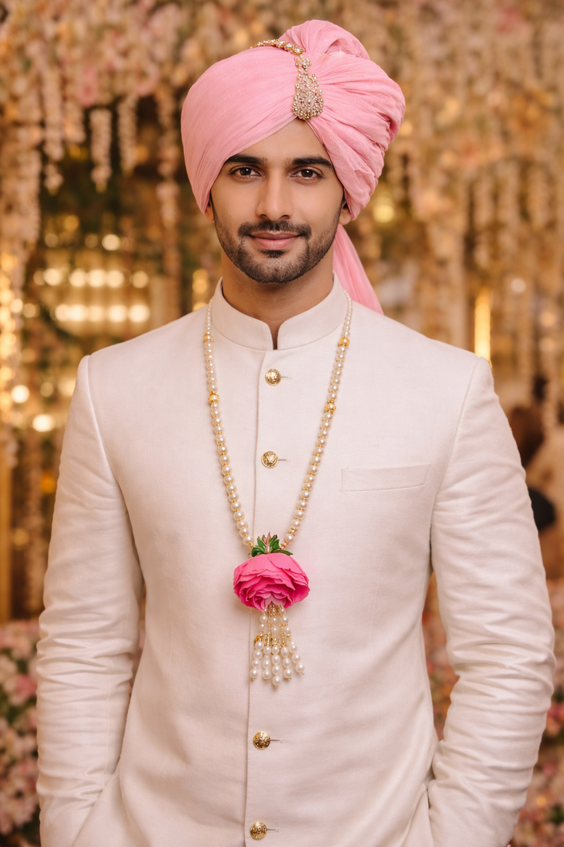 Wedding swagat mala in pink flowers and pearl bead design