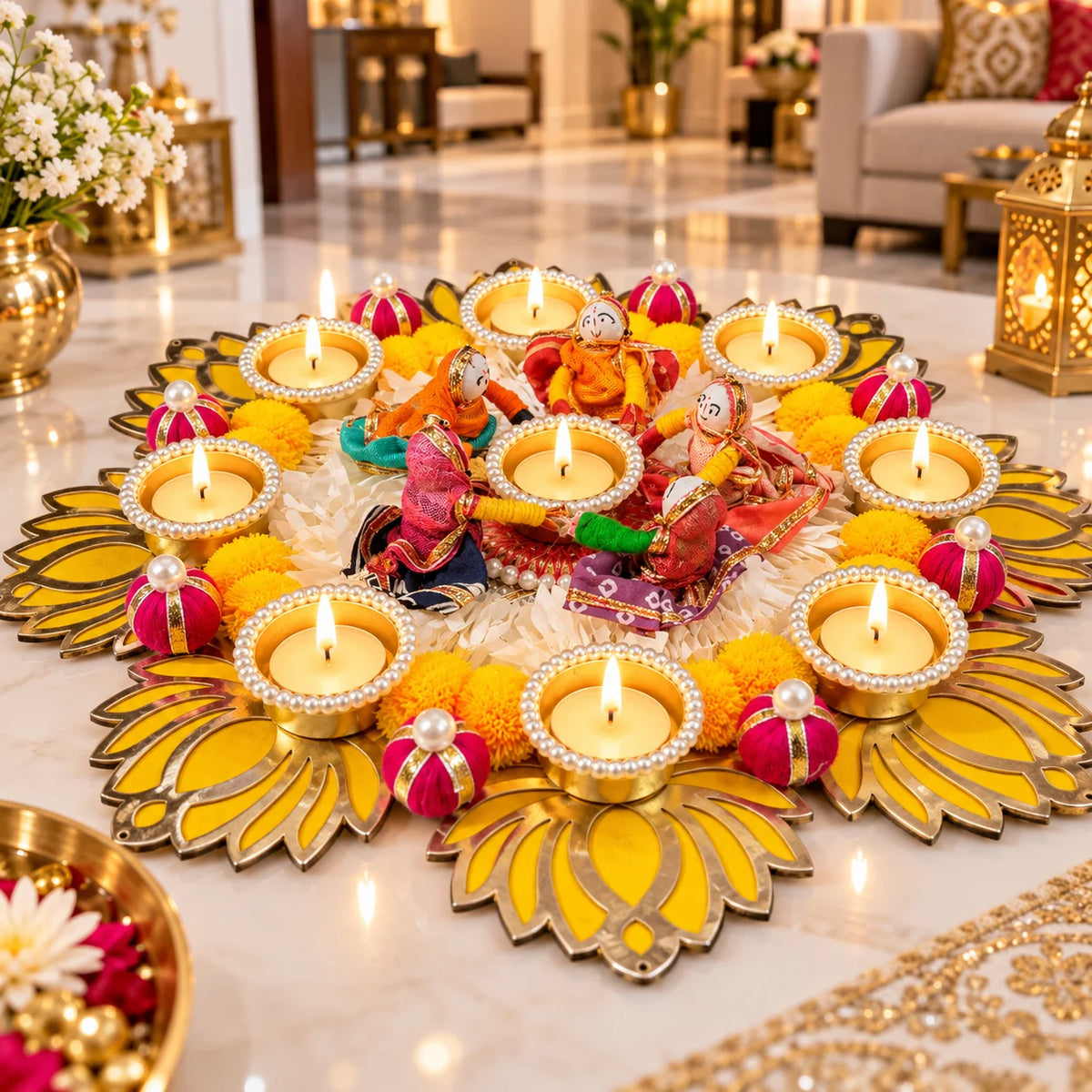 Handmade Diwali rangoli with tealight diyas and traditional gudiya for festive home decoration