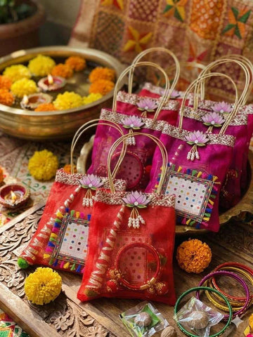 Hariyali Teej Gift Set | Organza Potli Bag, Bangles, Mehndi & Bindi | Traditional Teej Gift Set