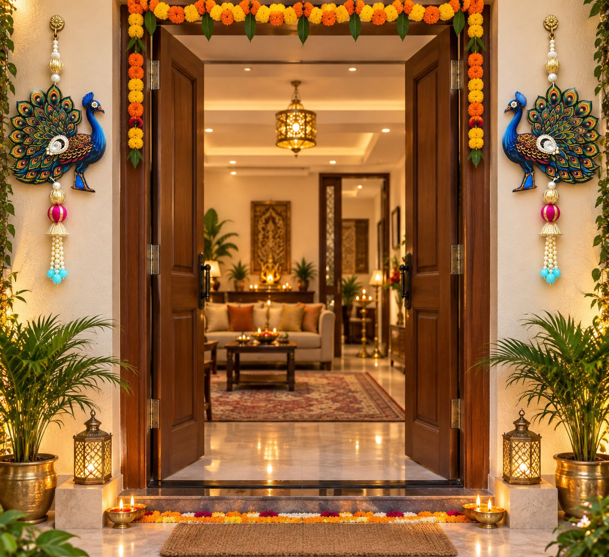 Peacock Wall Hanging Pair with Pearl Tassels | Traditional Diwali Decoration for Main Door, Pooja Room & Home