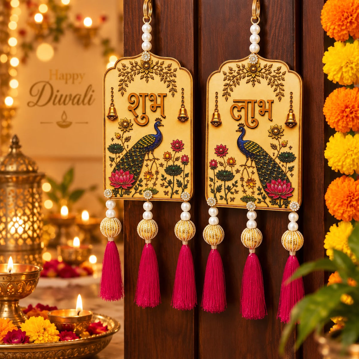 Shubh Labh Peacock Wall Hanging Pair with Pearl Tassels | Designer Diwali Decoration for Main Door, Pooja Room & Festive Home Decor