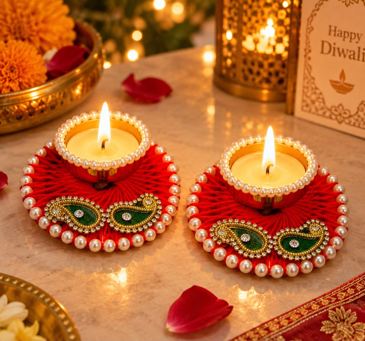 Royal Pearl & Paisley Diya Set | Designer Handmade Diwali Diyas for Home Decor ( 1 pieces )