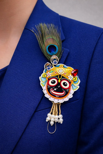 Jagannath brooch with peacock feather design in kundan finish