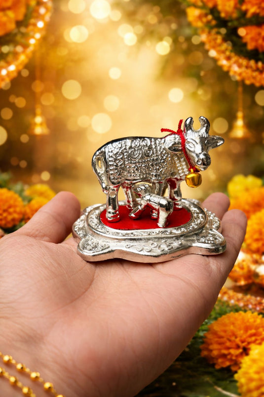 Kamdhenu cow and calf German silver idol for home decor and pooja
