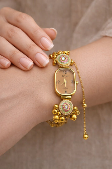Kashmiri bracelet watch with traditional art design and pearl tassel