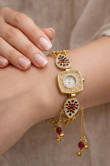 Kashmiri design gold bracelet watch with meenakari stones and tassel for women
