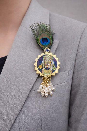 Khatu Shyam Ji brooch with kundan and peacock feather design for men