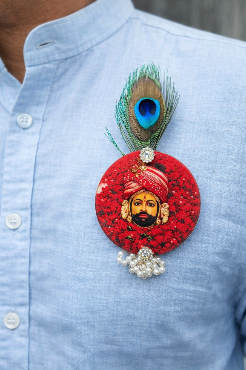 Khatu Shyam Ji religious brooch with Kundan and peacock feather design