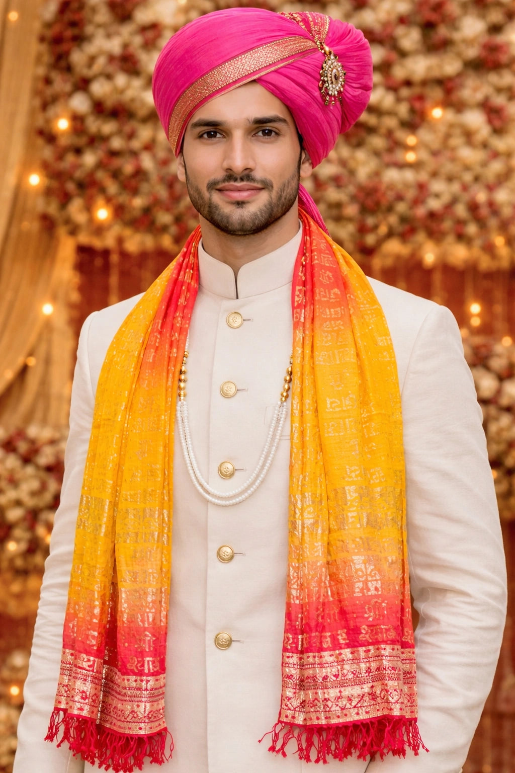 Religious silk Bandhej dupatta for bhajan and kirtan