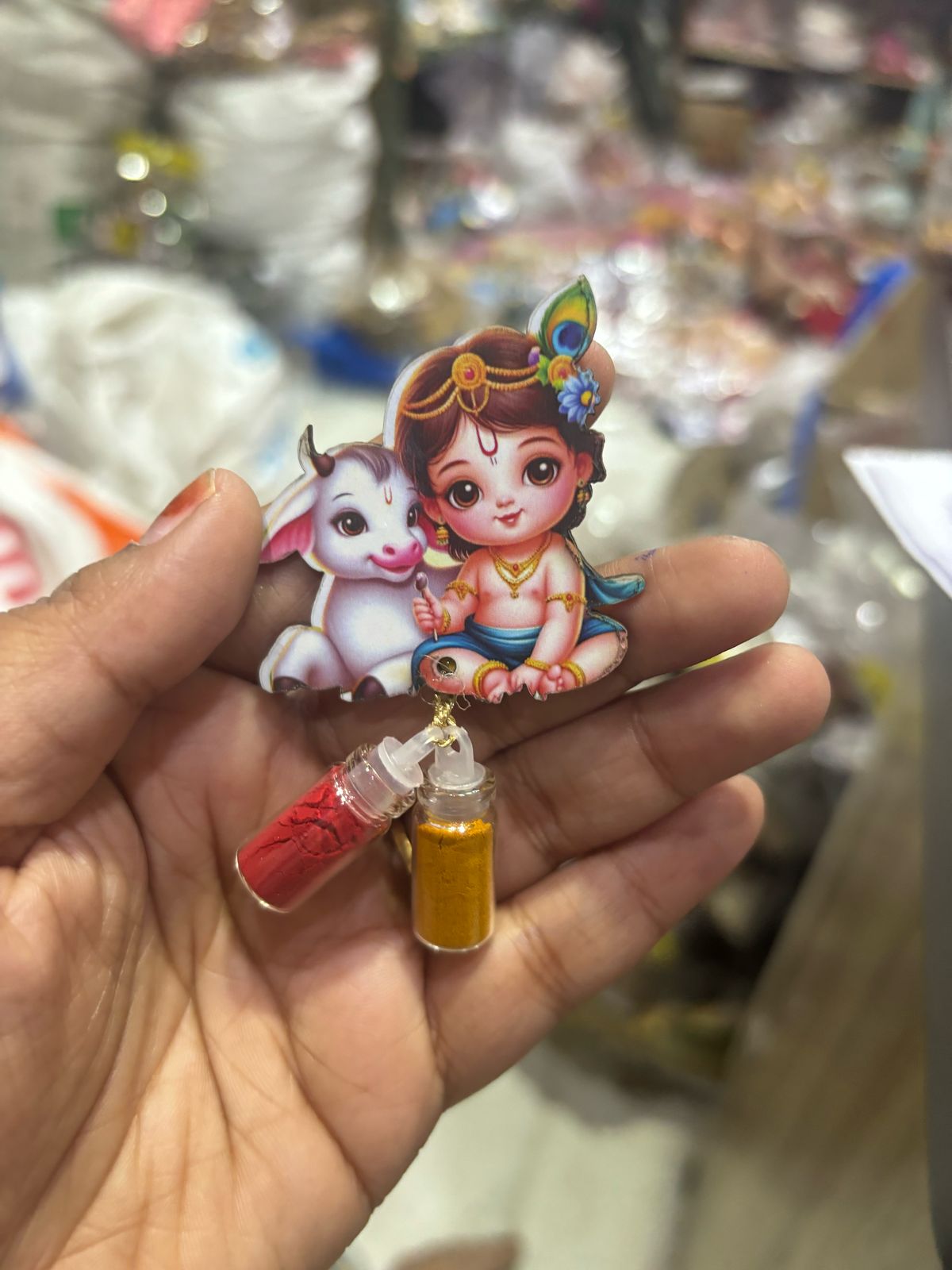 Krishna and cow design haldi kumkum set with decorative fridge magnet for pooja and return gift