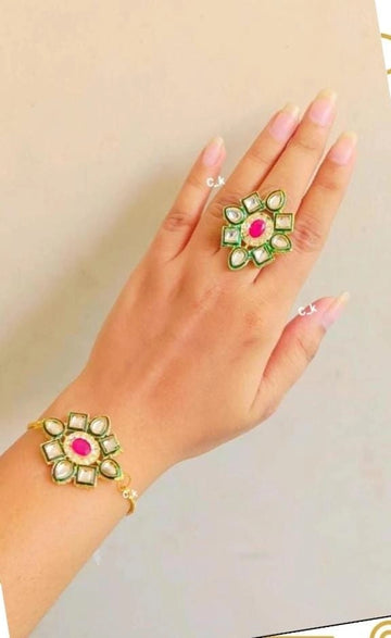 Traditional kundan design bracelet and ring combo set for wedding and festive wear