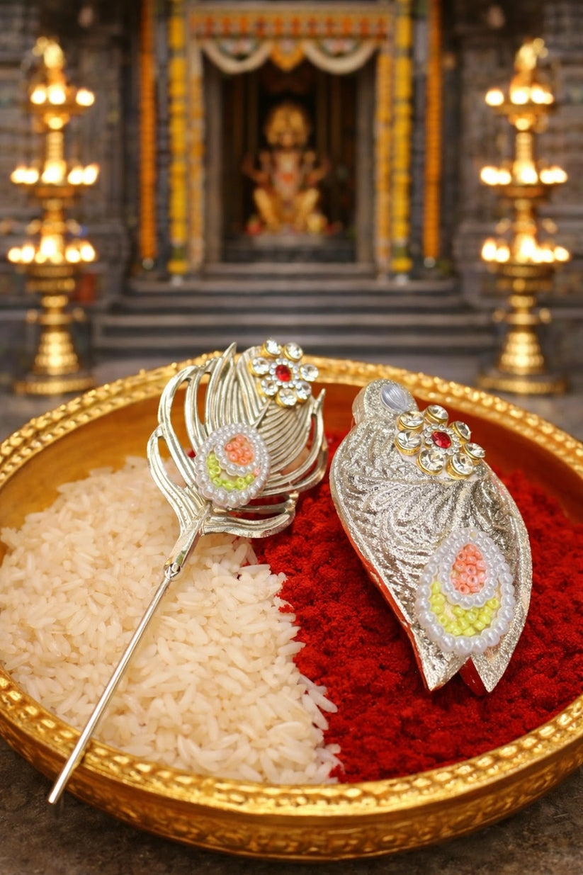 Elegant Kundan design chopda kumkum box with tilak stick used for pooja, tilak ceremony, and traditional Hindu rituals.