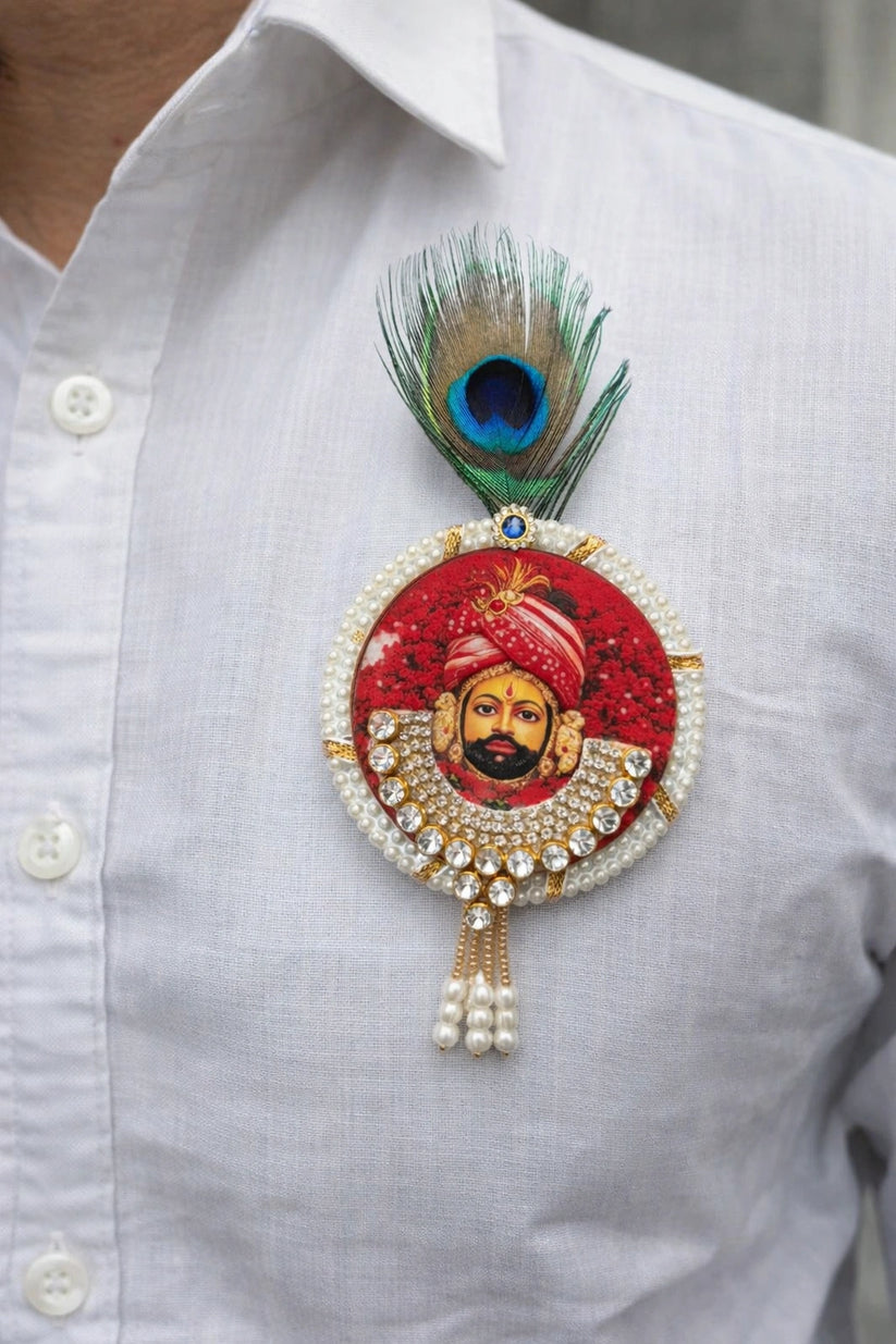 Kundan Morpankh Khatu Shyam Ji brooch with peacock feather design and premium gold finish