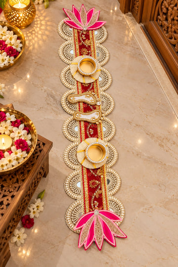 Lakshmi Charan table runner with pearl embellishments and tea light holders for Diwali Lakshmi Puja and festive home decoration