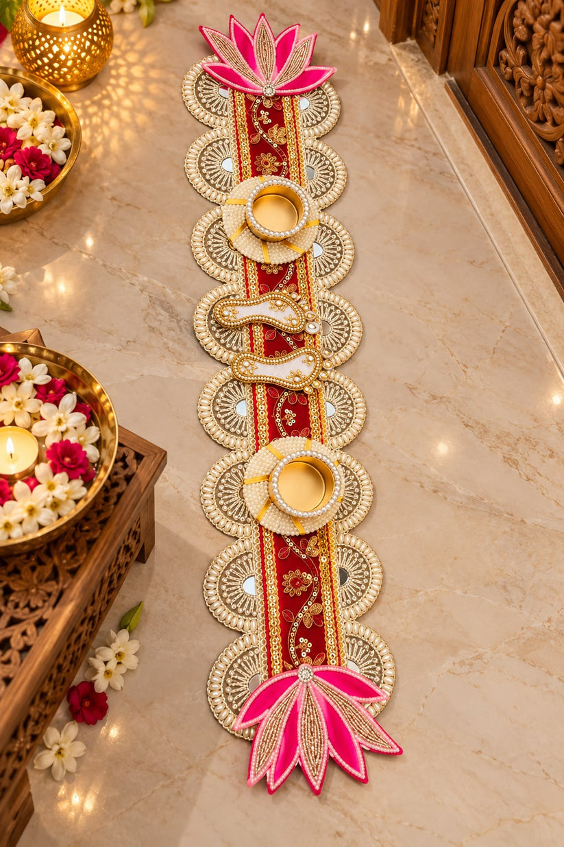 Lakshmi Charan table runner with pearl embellishments and tea light holders for Diwali Lakshmi Puja and festive home decoration