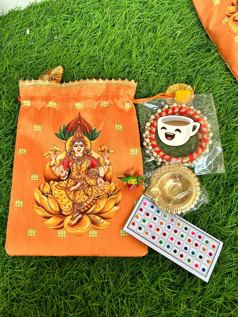 Divine Laxmi Ji pooja hamper with traditional festive items for Diwali and weddings