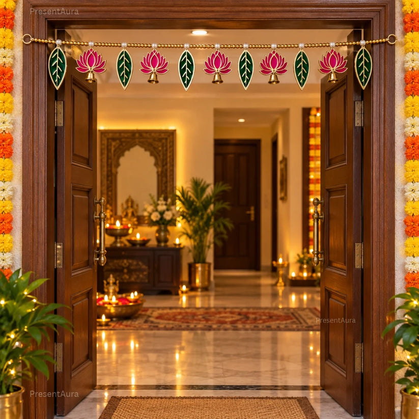 Lotus leaf banderwal toran with bells for Diwali main door decoration