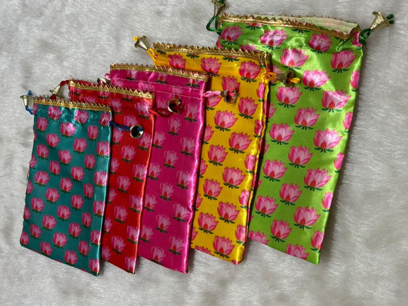 Ethnic lotus design drawstring potli pouch for Indian wedding gift packaging