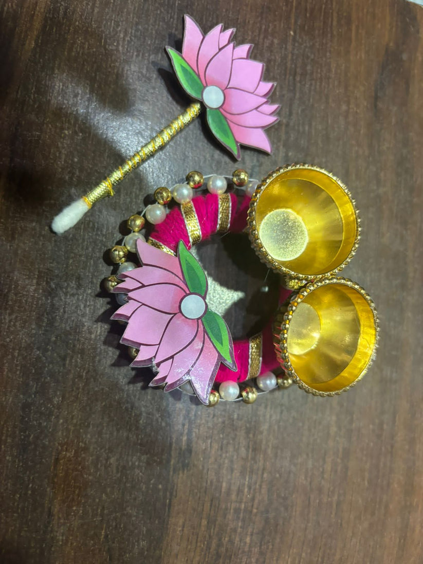 Lotus design roli chawal plate used for pooja, tilak ceremony, and wedding rituals
