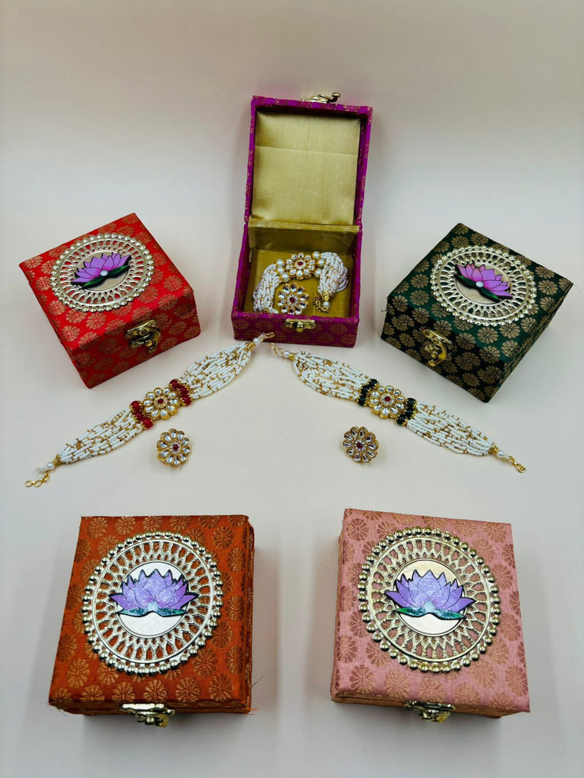 Lotus design silk jewelry box with pearl kundan necklace set for wedding and festive gifting