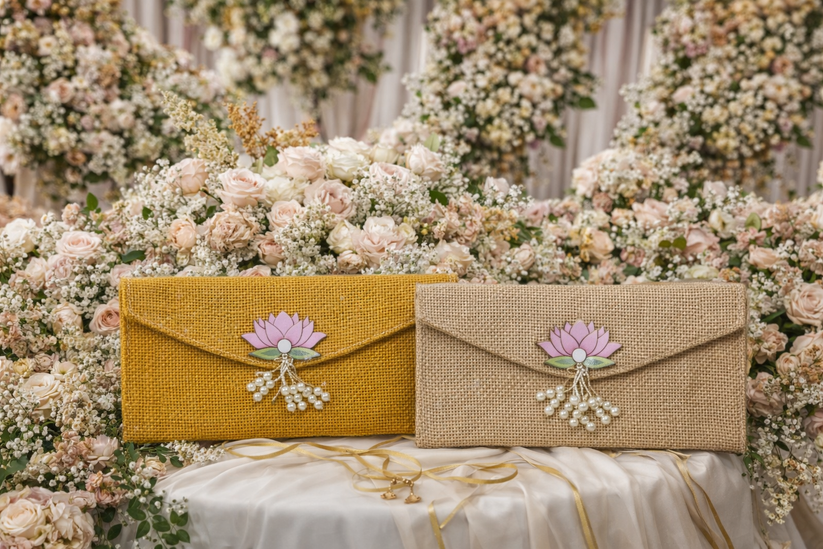 Lotus design velvet jute gift envelope for wedding shagun and cash gifting