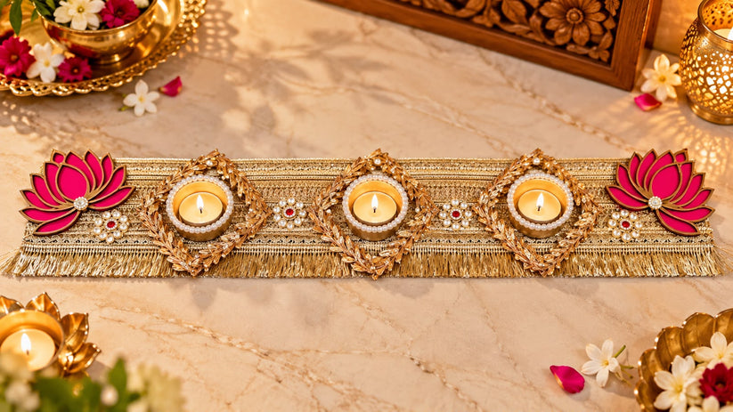 Lotus diya table runner with pearl embellishments for Diwali dining table decoration and festive Indian home decor
