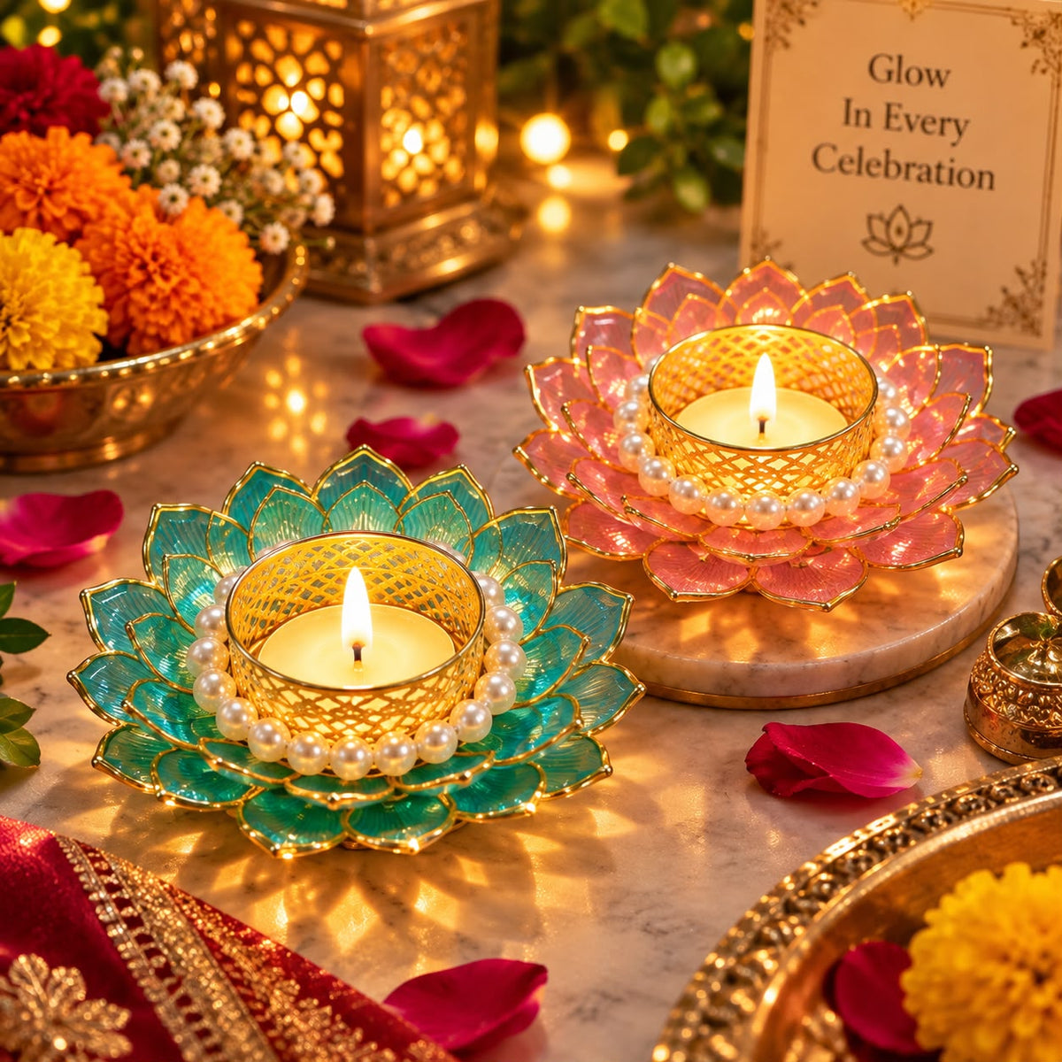 Colorful lotus flower tea light holder set with pearl beads for Diwali and festive home decor