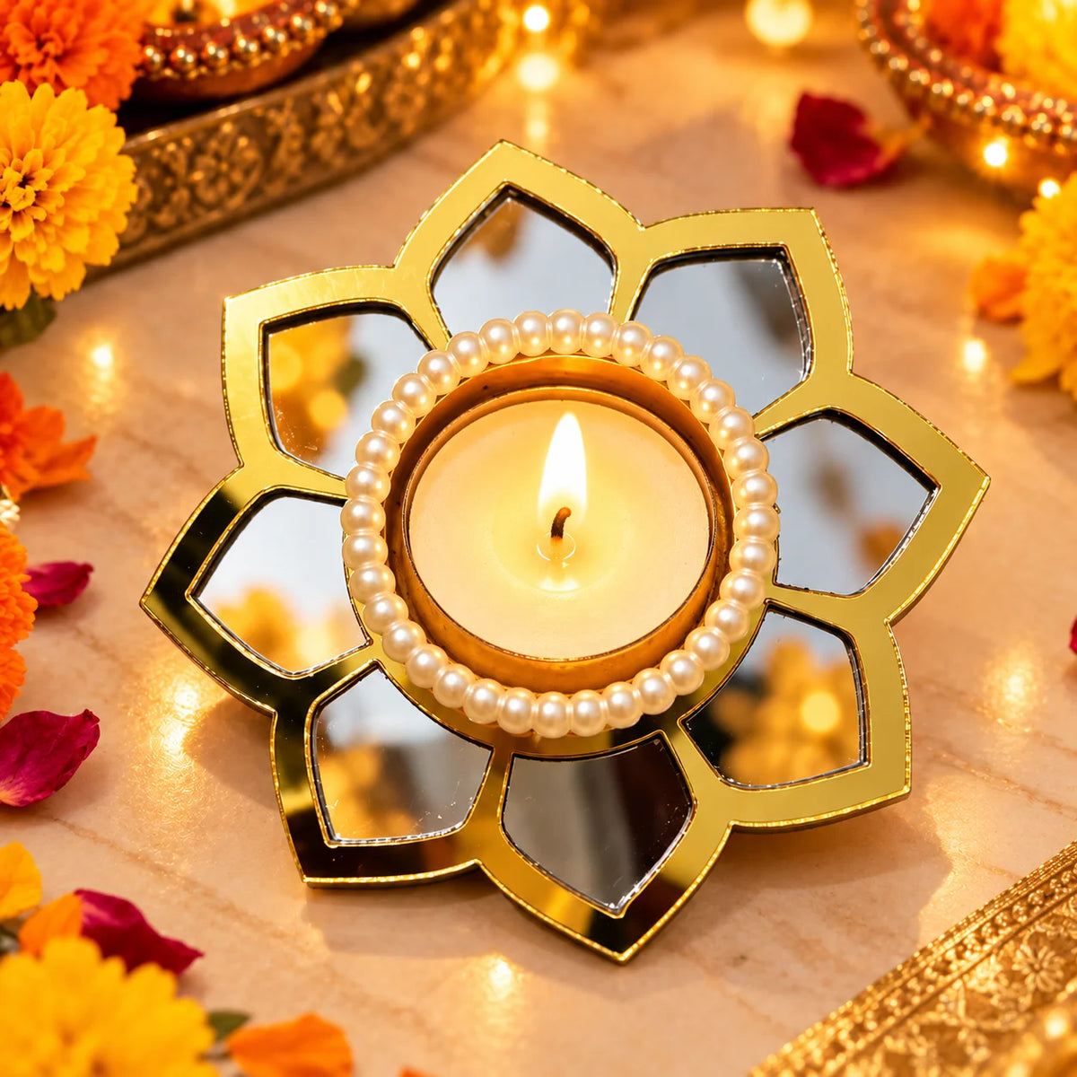 Lotus mirror tea light holder with pearl beads for Diwali and pooja decoration