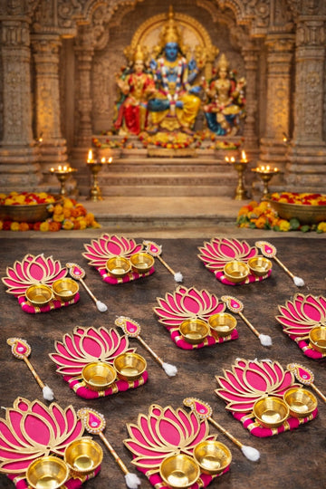 Lotus shape roli chawal plate used for tilak ceremony, wedding rituals, and traditional Hindu puja.