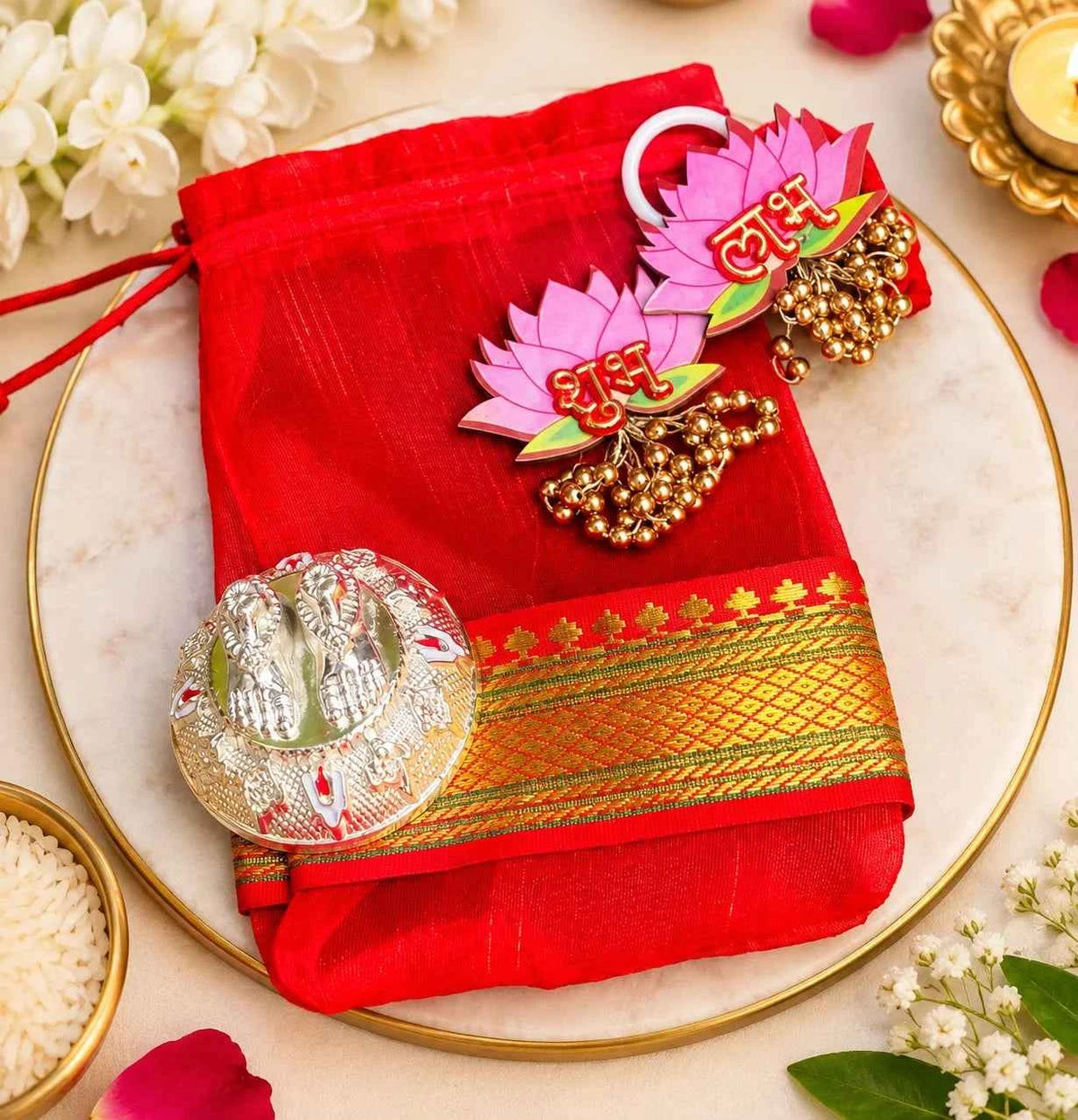 Lotus Shubh Labh Hanging with German Silver Charan in Potli | Diwali Pooja Decor