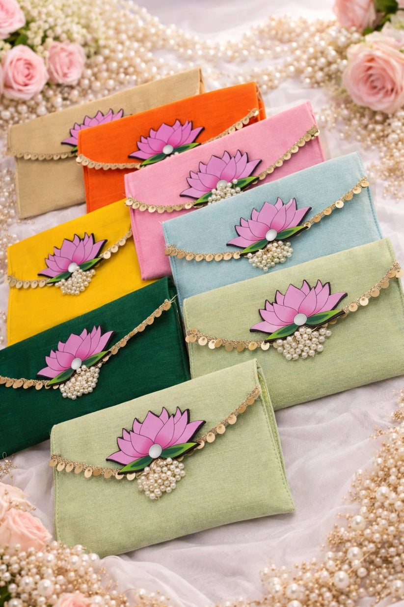 Elegant lotus silk clutch purse designed for wedding return gifts, perfect for bridesmaid gifts and festive gifting.