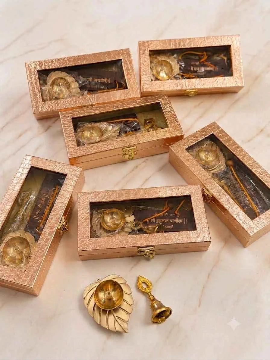Luxury Brass Leaf Diya, Brass Bell & Hanuman Chalisa Gift Set in Elegant  Box | Premium Spiritual Gift