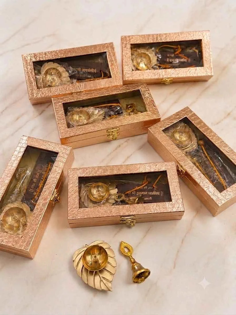 Luxury Brass Leaf Diya, Brass Bell & Hanuman Chalisa Gift Set in Elegant  Box | Premium Spiritual Gift