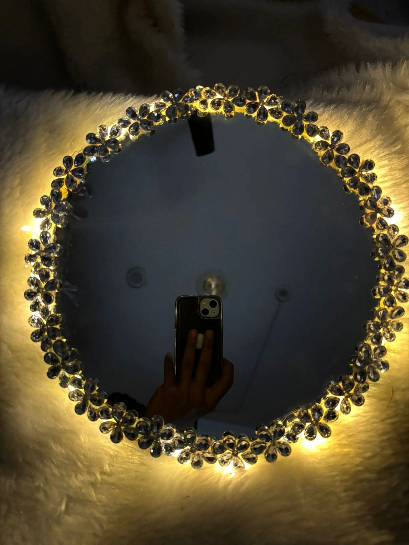 Luxury crystal LED round mirror with soft lighting for makeup, dressing table and home decor